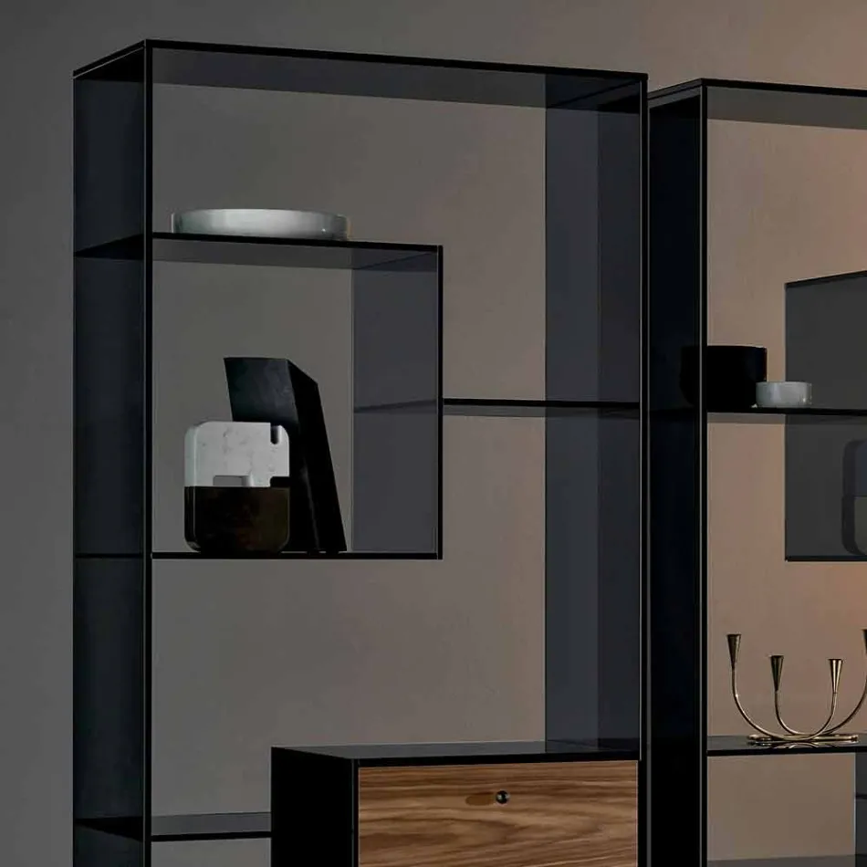 Librería de vidrio ahumado con cajón de madera de nogal Canaletto de diseño italiano - Linzy viadurini