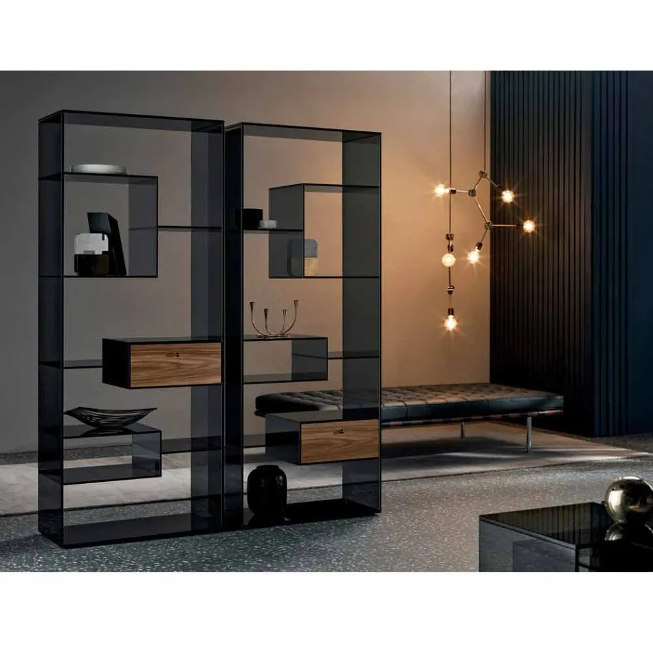 Librería de vidrio ahumado con cajón de madera de nogal Canaletto de diseño italiano - Linzy viadurini