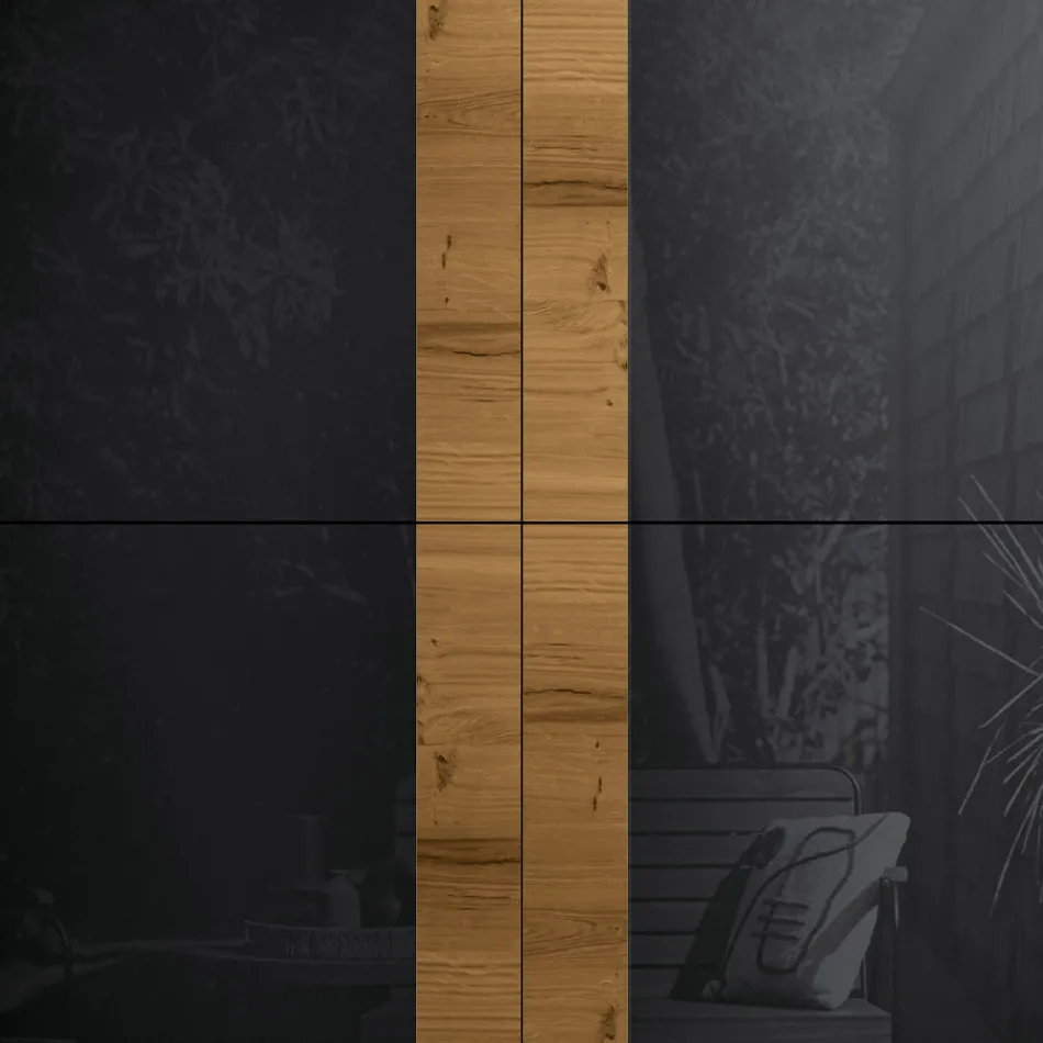 Aparador de salón con 4 puertas en acabado roble anudado country y cristal antracita - Ove viadurini