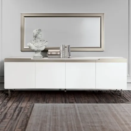 Aparador de salón con 4 puertas de MDF acabado blanco y níquel Made in Italy - Emie viadurini