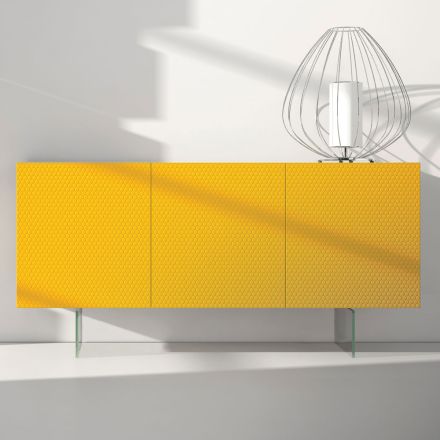 Aparador de mdf lacado amarillo con 3 puertas y pies de vidrio Made in Italy - Ciara viadurini