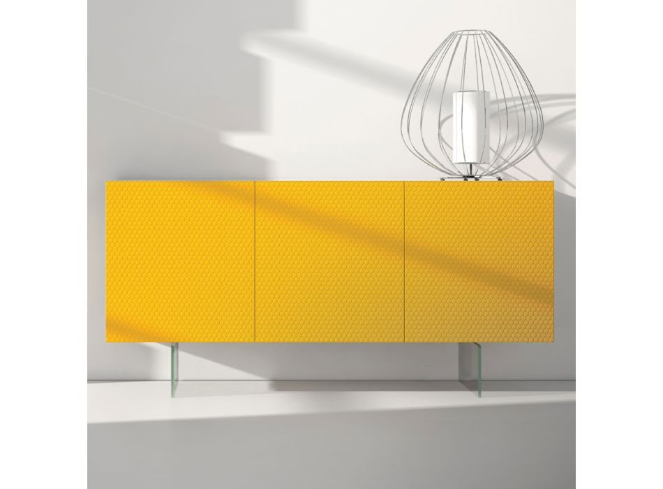 Aparador de mdf lacado amarillo con 3 puertas y pies de vidrio Made in Italy - Ciara viadurini