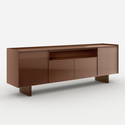 Aparador de cristal lacado en la parte posterior con perfil de madera maciza, fabricado en Italia - Lutea viadurini