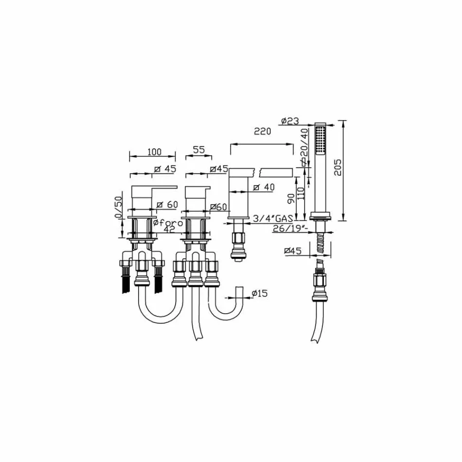 Mezclador de bañera con 4 orificios de latón de diseño Made in Italy - Panela viadurini