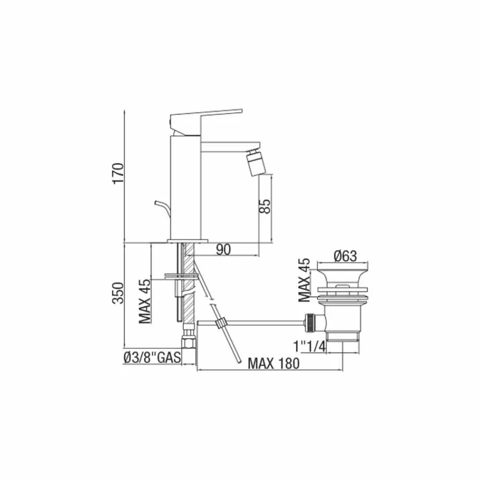 Mezclador de bidé en acabado cromado con desagüe Made in Italy - Medida viadurini