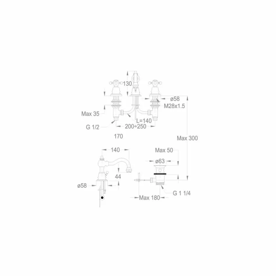 Mezclador de lavabo con 3 orificios de 130 mm de altura en latón Made in Italy - Binsu viadurini