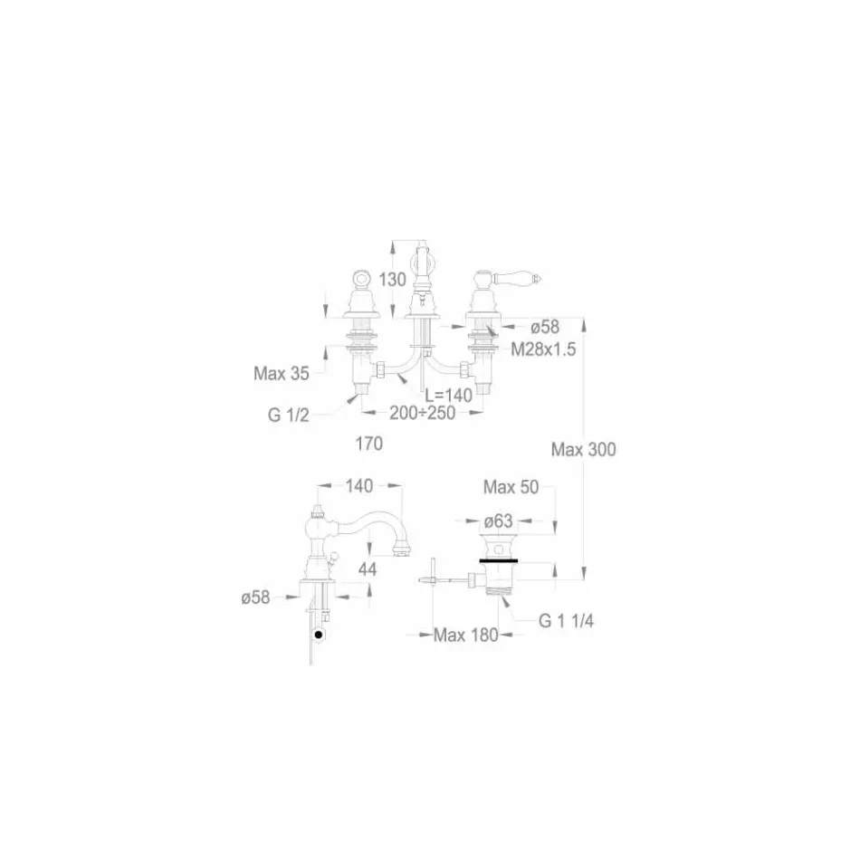 Mezclador de lavabo de latón con 3 orificios Made in Italy - Binsu viadurini