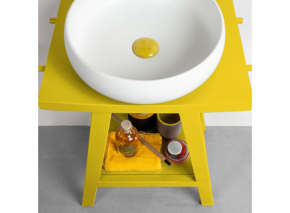 Muebles de baño de teca recuperada con parte superior semicurva amarilla - Raomi viadurini