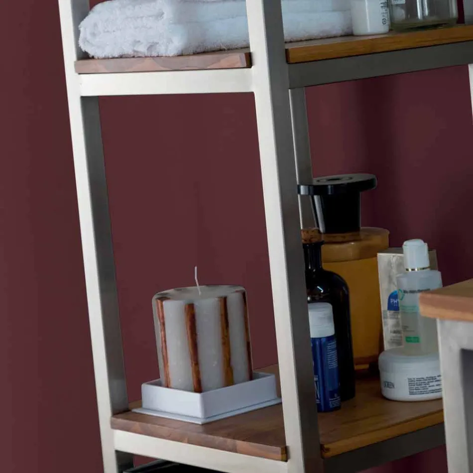 Mueble de baño columna en teca y acero con 4 estantes abiertos - Tamburino viadurini