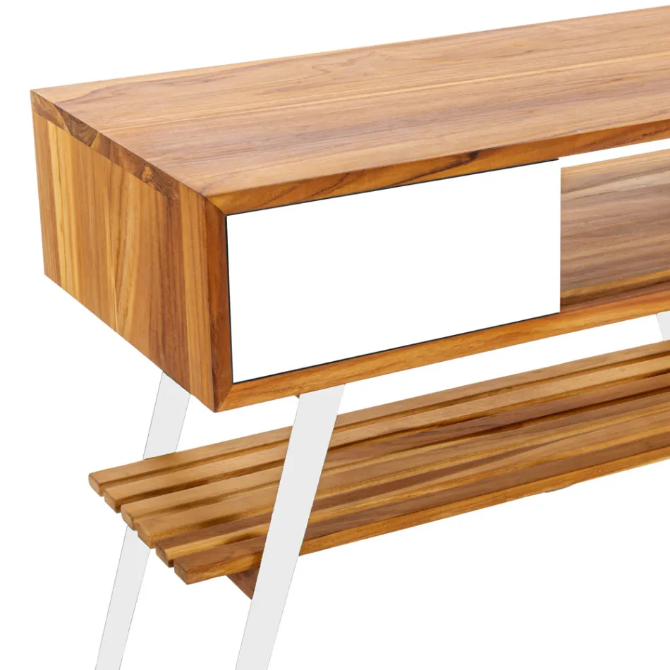 Mueble de baño de pie en teca natural blanca con cajones de colores - Benoit viadurini