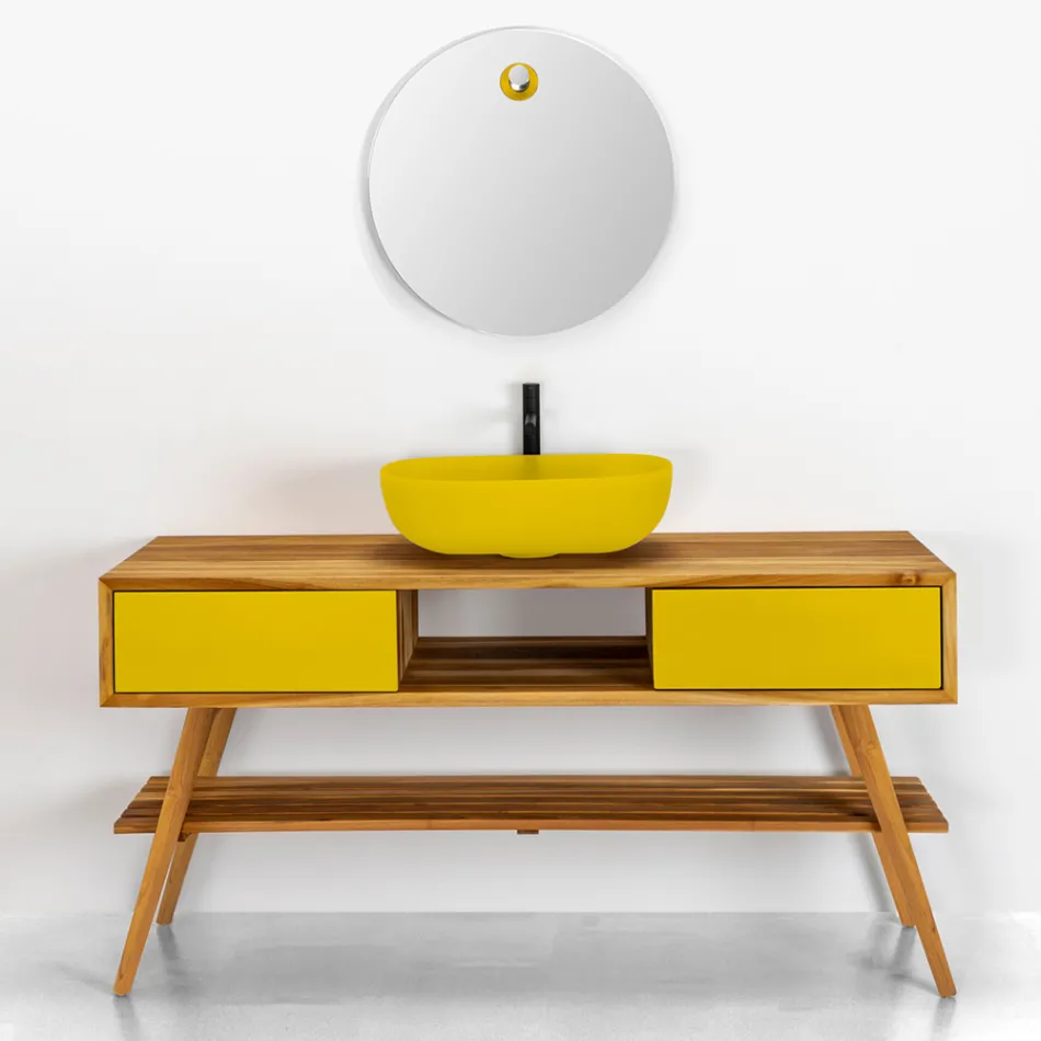Mueble de baño amarillo en teca natural con cajonera - Hamadou viadurini