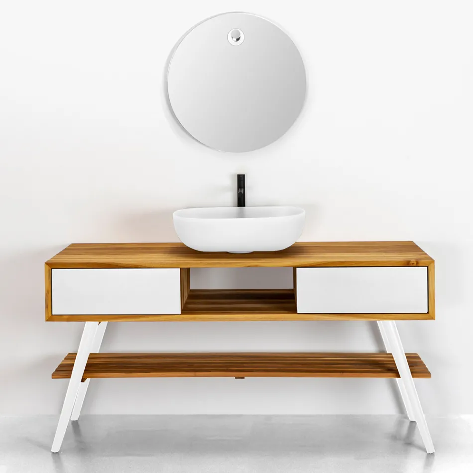 Mueble de baño blanco de diseño moderno en teca natural con cajones blancos - Hamadou viadurini