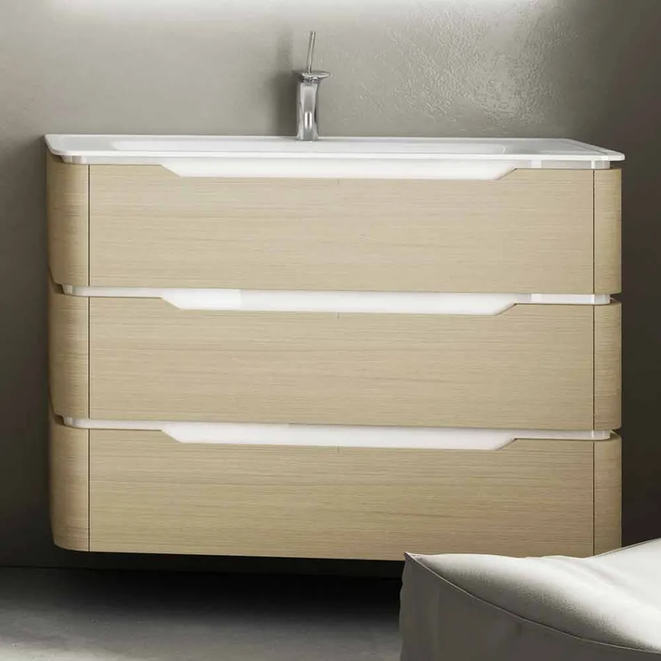baño con lavabo móvil madera 3 cajones moderno Arya, fabricado en Italia viadurini