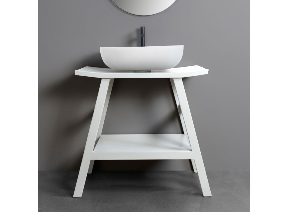 Mueble de baño de diseño de teca recuperada con tapa blanca y soporte - Crina viadurini