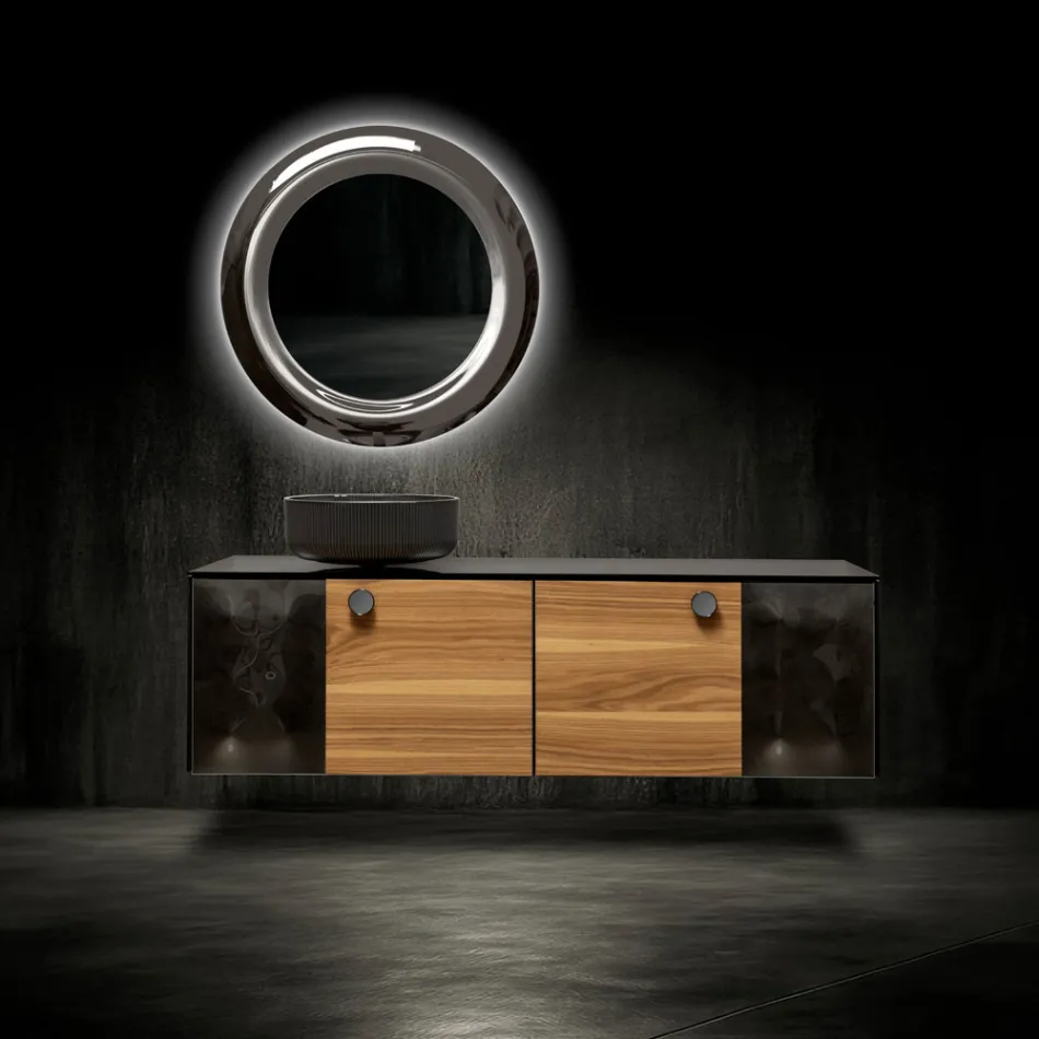 Mueble de baño suspendido de 160 cm en cristal templado de 8 mm y roble europeo - Excelsior viadurini