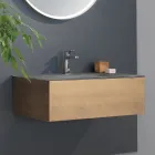 Mueble de baño suspendido con espejo en metal, madera y cristal de lujo - Renga viadurini