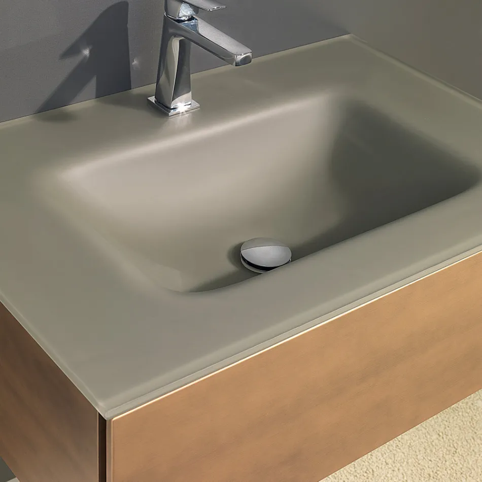 Mueble de baño suspendido con espejo en metal, madera y cristal de lujo - Renga viadurini