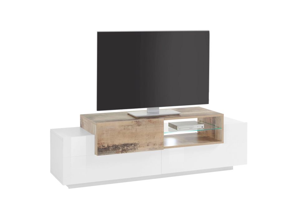 Mueble de TV bajo de madera para sala de estar 3 puertas y compartimento abierto - Theresse viadurini