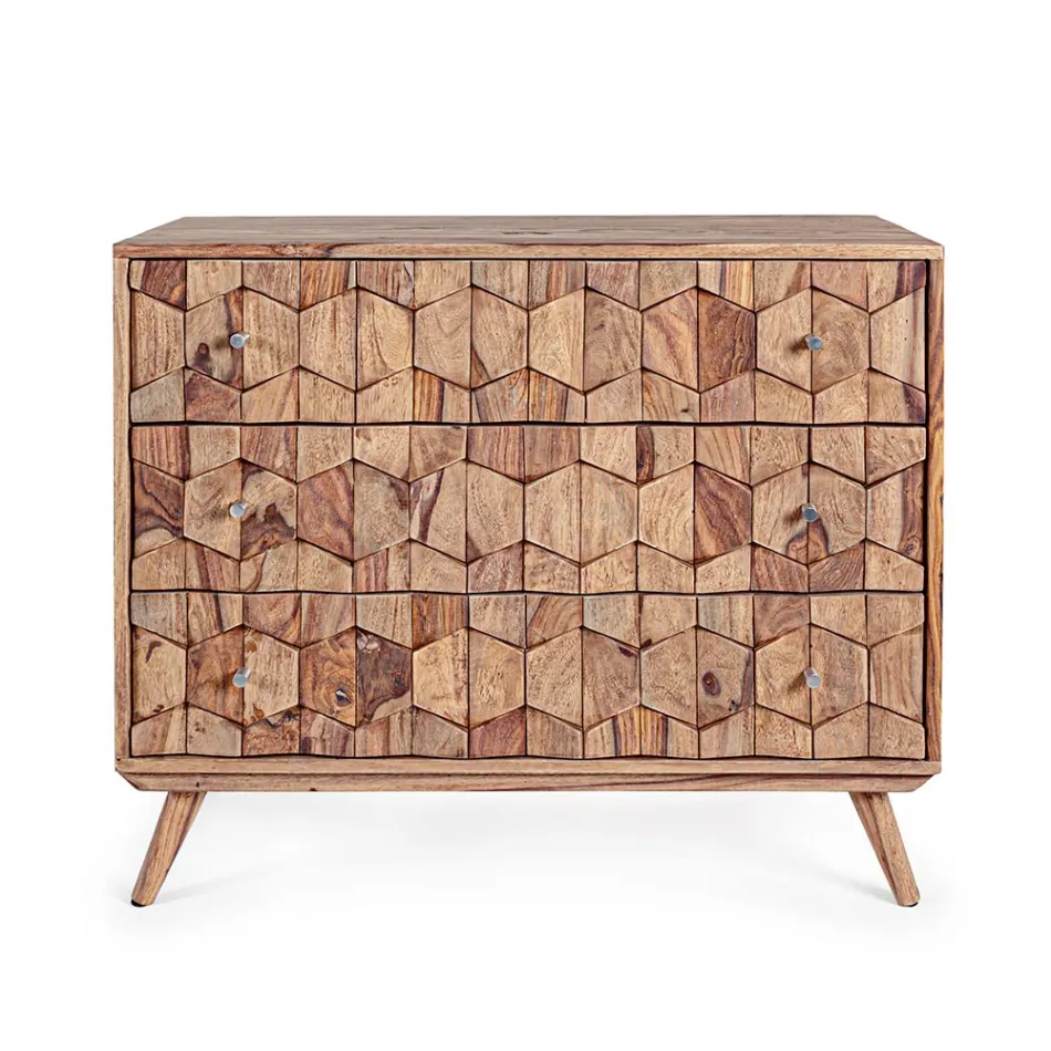 Cómoda de madera Sheesham Design 3 cajones Homemotion - Fregene viadurini