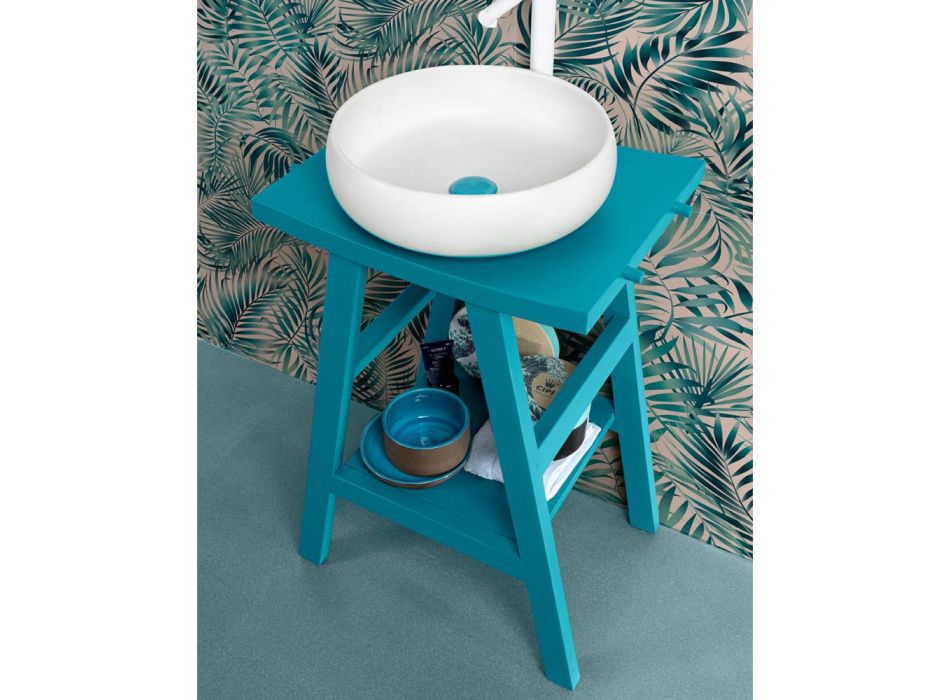 Mueble de baño de teca con tapa semicurva y cómodo estante azul - Raomi viadurini