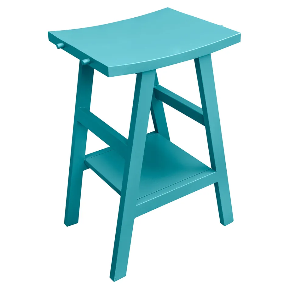 Mueble de baño de teca con parte superior semicurva y práctico estante azul - Raomi viadurini