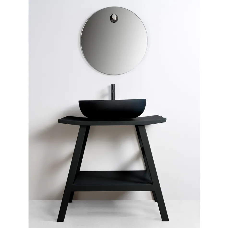 Mueble de baño moderno de teca con tapa y soporte de color negro mate - Crina viadurini