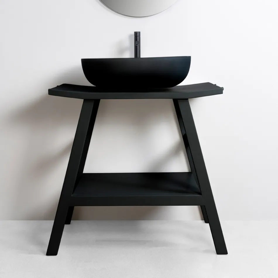 Mueble de baño moderno de teca con tapa y soporte de color negro mate - Crina viadurini