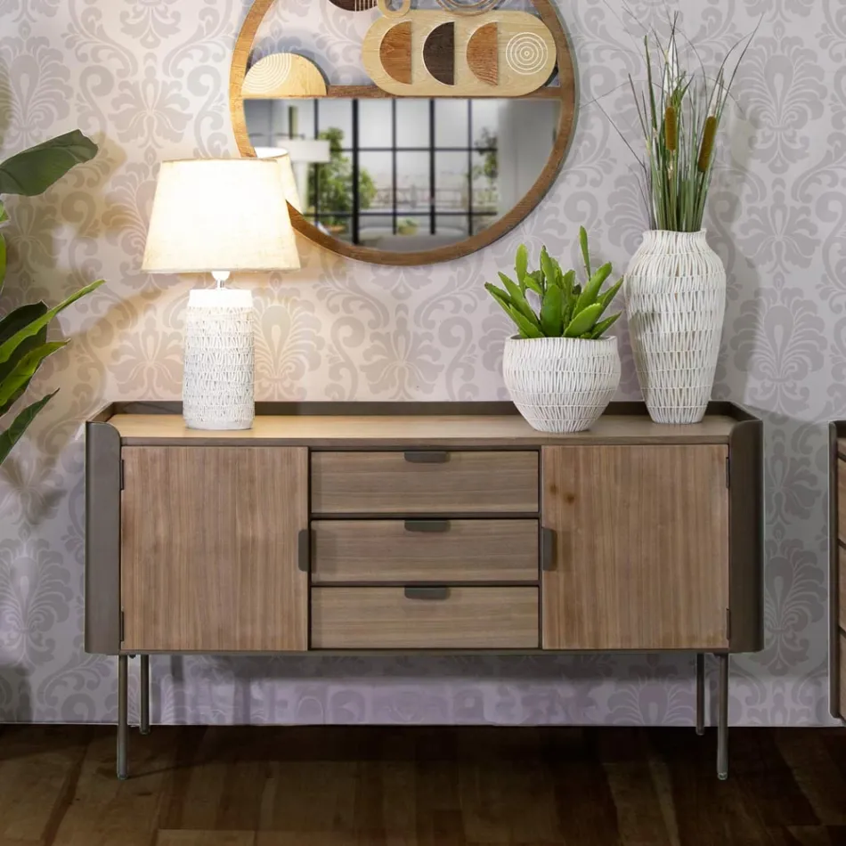Mueble de madera de abeto y hierro gris con 3 cajones y 2 puertas - Cooper viadurini