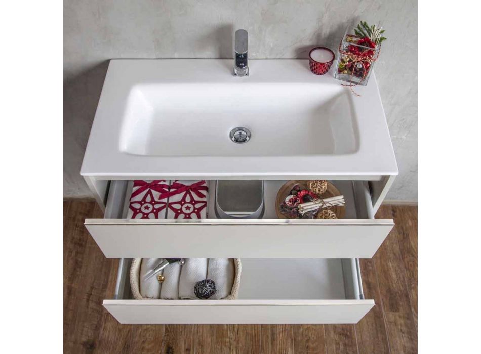 Lavabo de baño gris paloma en madera y resina con espejo de diseño - Alfonso viadurini