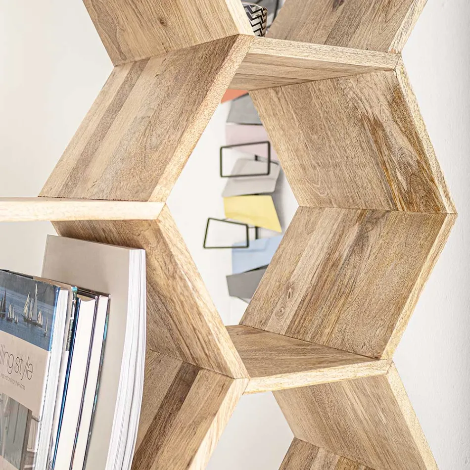 Librería para salón en madera de mango con diseño de panal - Carida viadurini