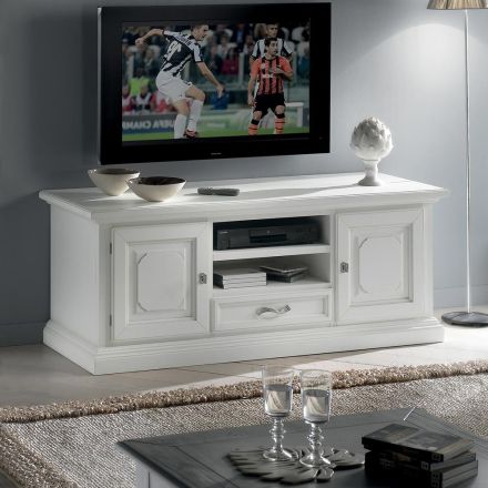 Mueble TV con 2 compartimentos abiertos y 2 puertas lacadas en blanco Made in Italy - Atai viadurini