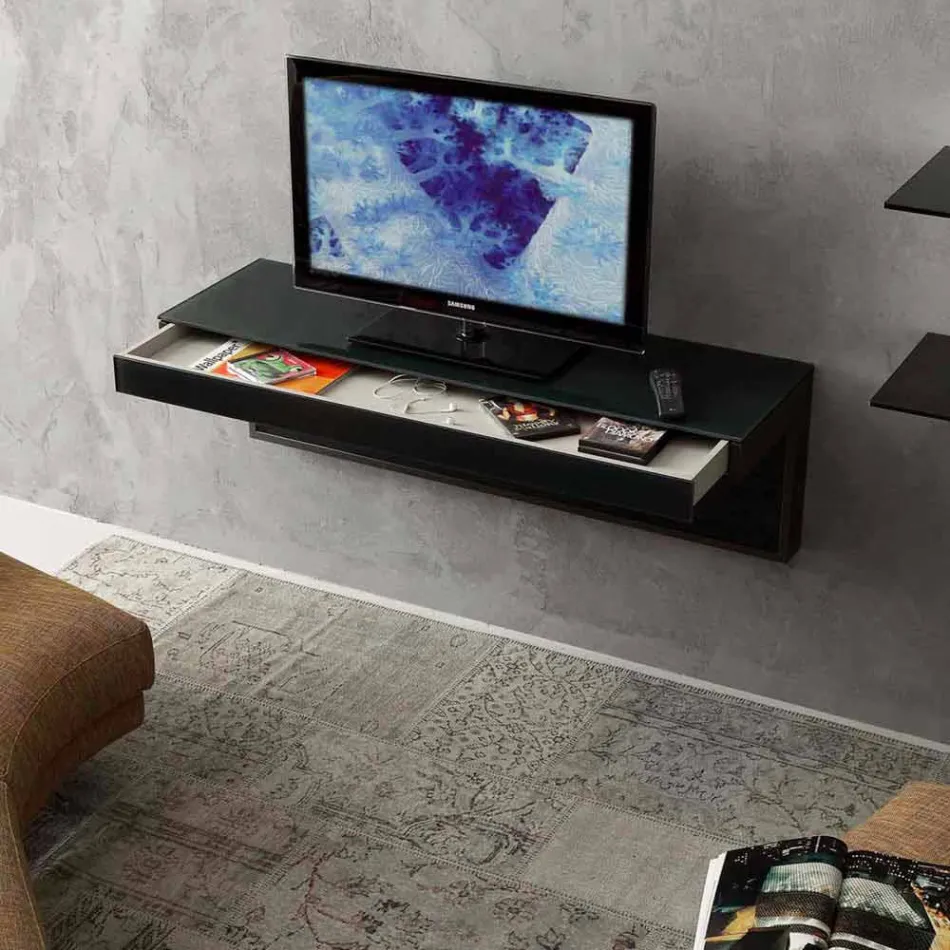 Mueble TV de pared en cristal negro y metal Made in Italy - Americio viadurini
