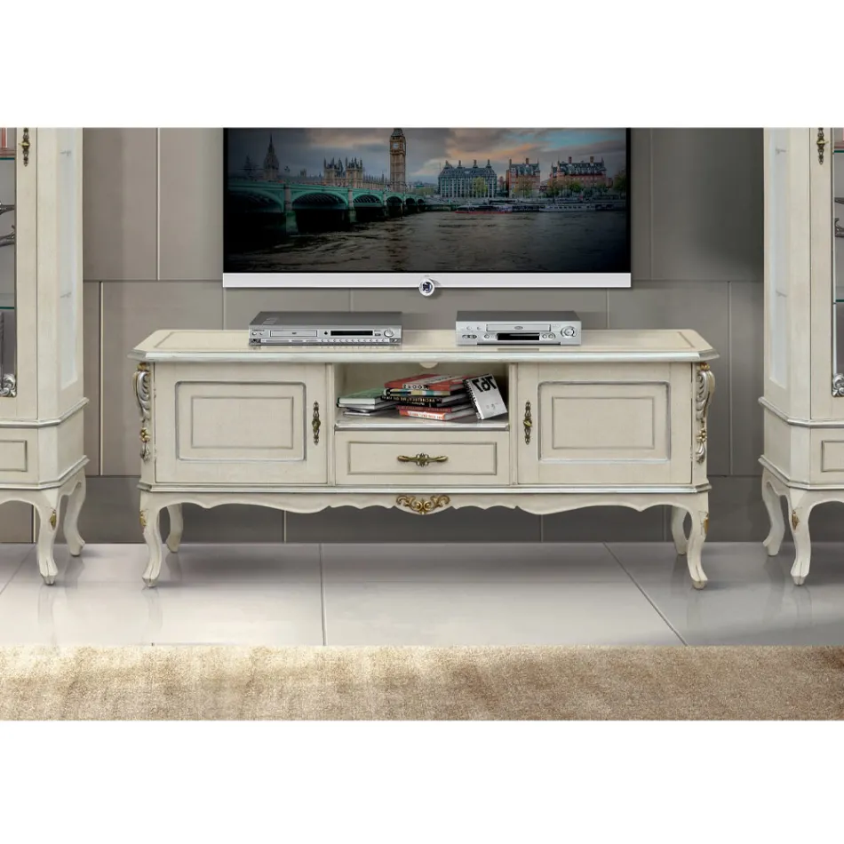 Mueble de TV de lujo en madera blanca y plateada Made in Italy - Cheverny viadurini