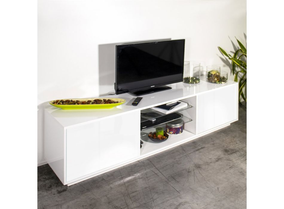 Mueble de TV de melamina con 2 estantes de vidrio Made in Italy - Norman viadurini
