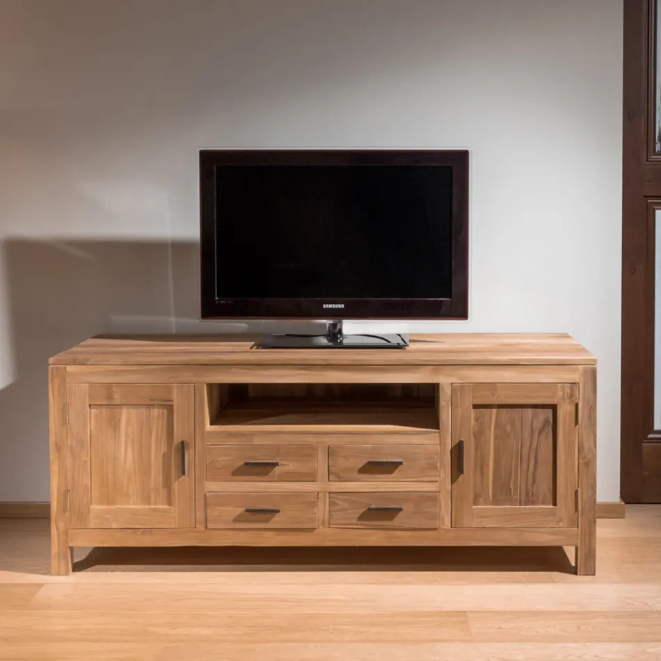 Mueble de TV Kendo de teca maciza con 2 puertas y 4 cajones viadurini