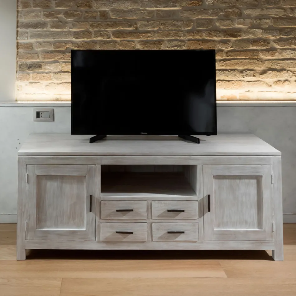 Mueble de TV Kendo de teca maciza con 2 puertas y 4 cajones viadurini