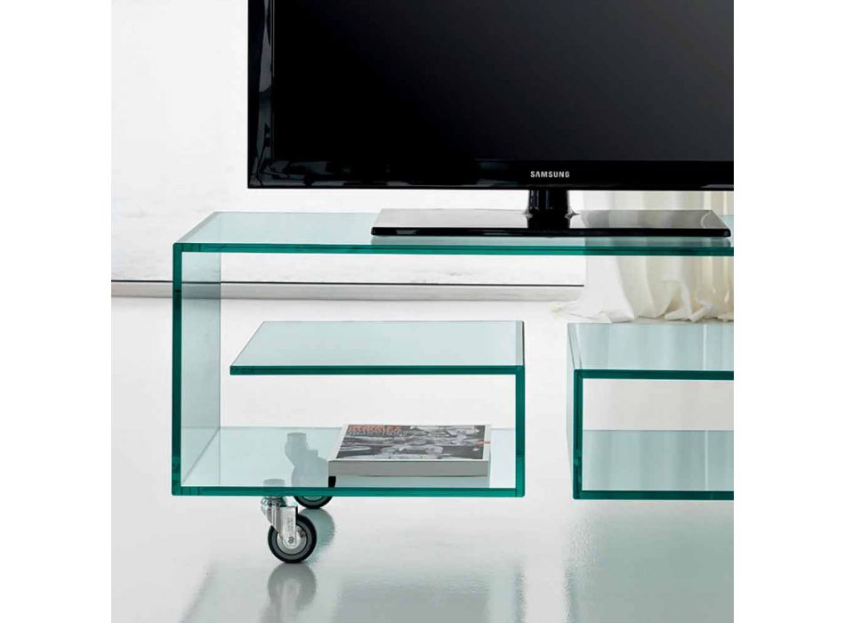 Mueble TV multiusos para sala de estar en vidrio transparente con ruedas - Birintolo viadurini