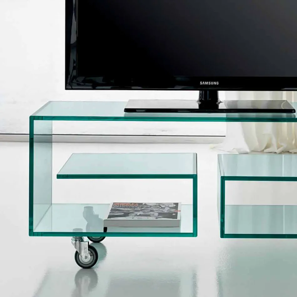 Mueble TV multiusos para sala de estar en vidrio transparente con ruedas - Birintolo viadurini