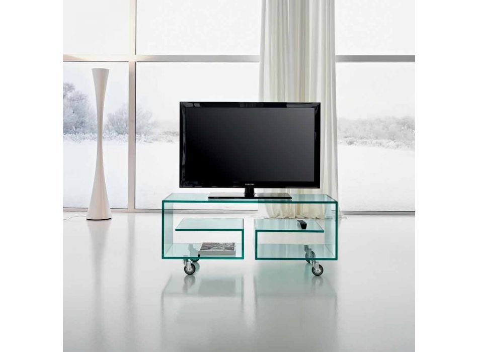 Mueble TV multiusos para sala de estar en vidrio transparente con ruedas - Birintolo viadurini