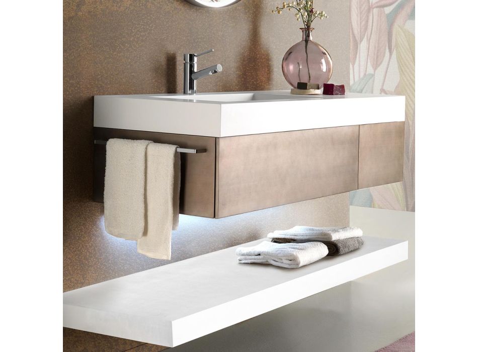 Mueble de baño suspendido en metal, madera MDF y Stonelight Made in Italy - Renga viadurini