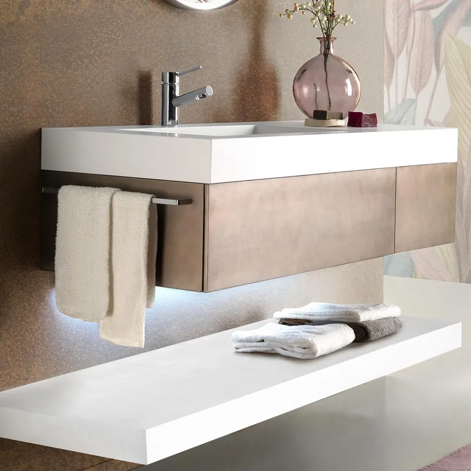 Mueble de baño suspendido en metal, madera MDF y Stonelight Made in Italy - Renga viadurini