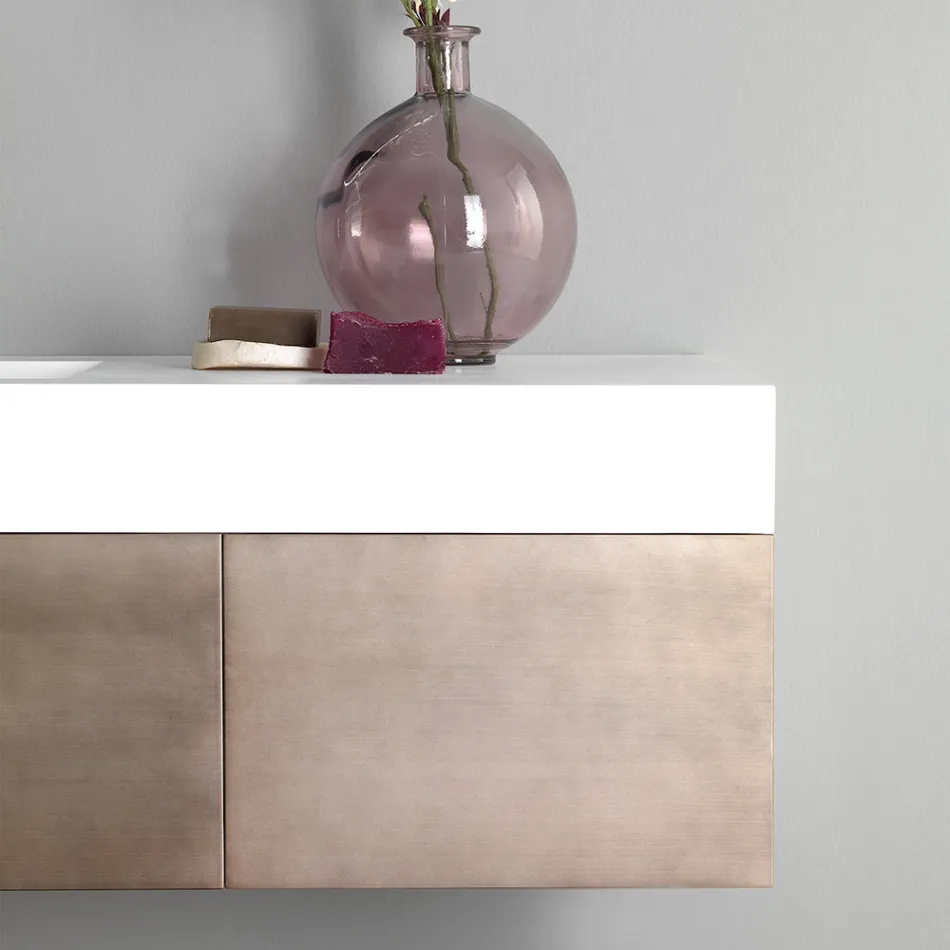 Mueble de baño suspendido en metal, madera MDF y Stonelight Made in Italy - Renga viadurini