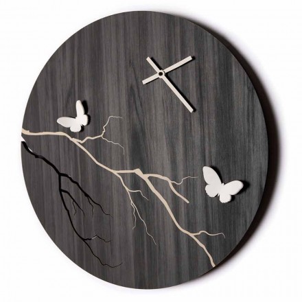Reloj de pared de diseño redondo en madera grabada con láser y mariposas 3D - Farfo viadurini