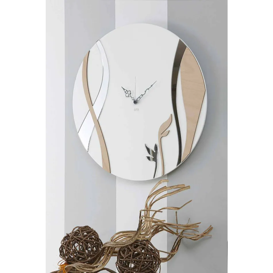 Reloj de pared moderno y redondo con diseño de madera decorada - Harmony viadurini