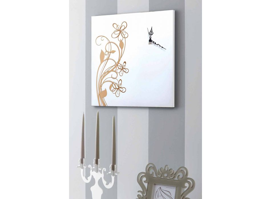 Reloj de pared cuadrado grande en madera blanca con flores - Florello viadurini