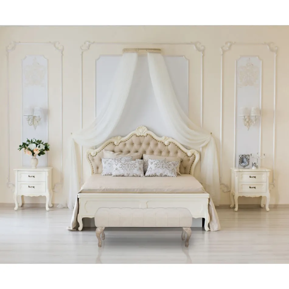 Banco Shabby Chic de Madera con Asiento de Tela Acolchada - Rocchetta viadurini