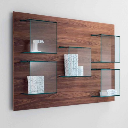 Panel de pared en madera de nogal canaletto y estantes de vidrio 2 tamaños - albahaca viadurini