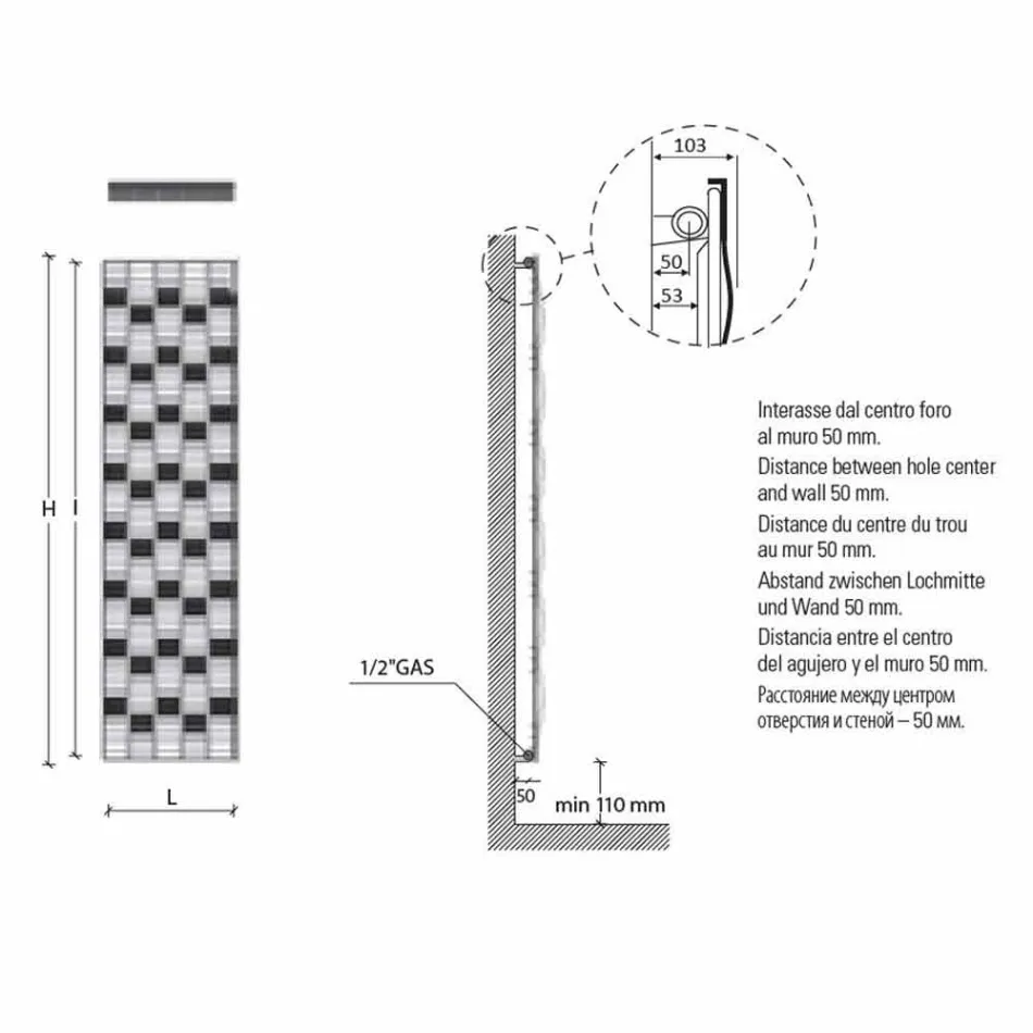 Placa radiante de acero de diseño vertical de 5 barras de hasta 1003 vatios - River viadurini