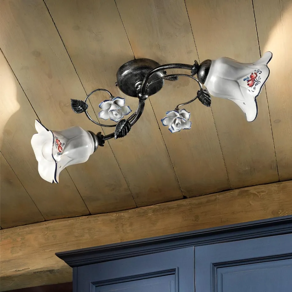 Lámpara de Techo 2 Luces en Metal y Cerámica con Rosas Pintadas a Mano - Pisa viadurini