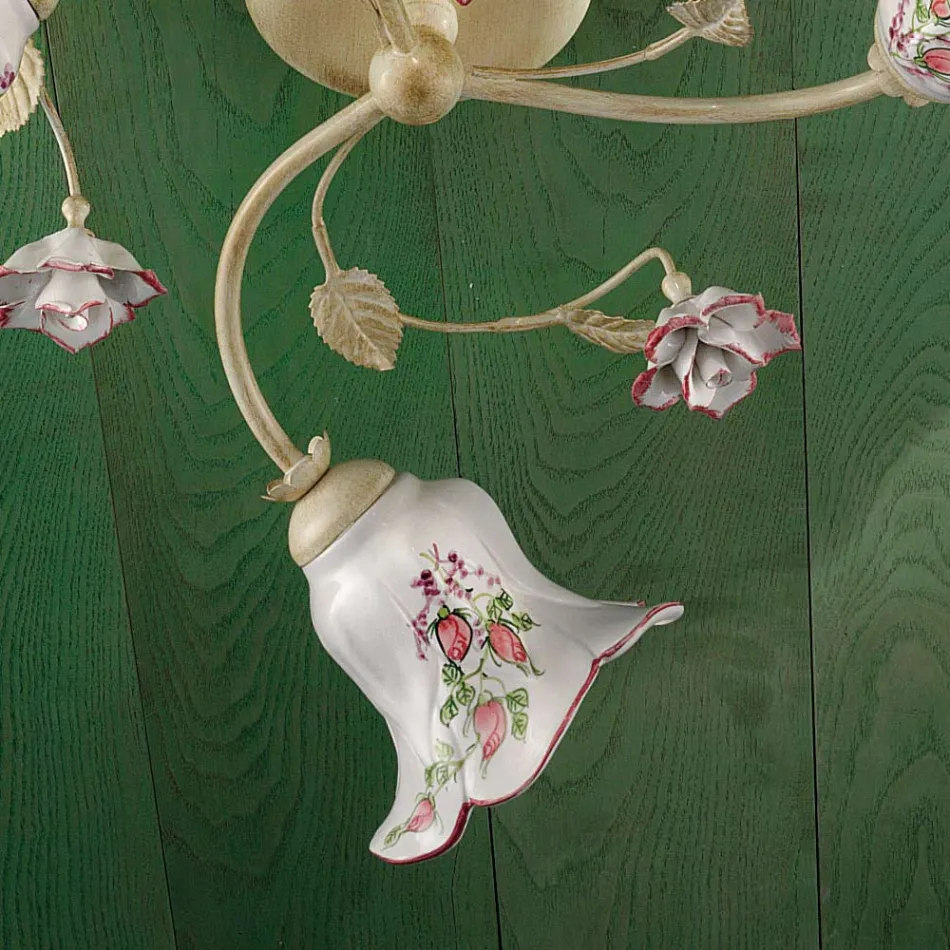 Plafón 3 Luces Metal y Cerámica Pintada a Mano Alambre Rojo - Pisa viadurini